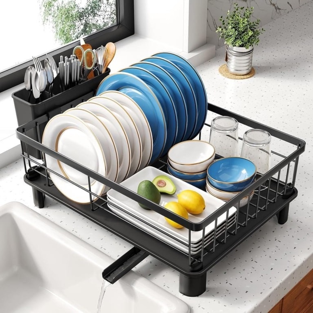 Black Dish Drying Rack with Drainboard and Swivel Spout Kitchen Organizer